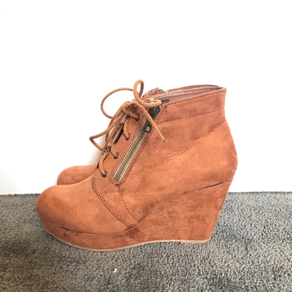 Brown tan camel wedge booties high heel boots